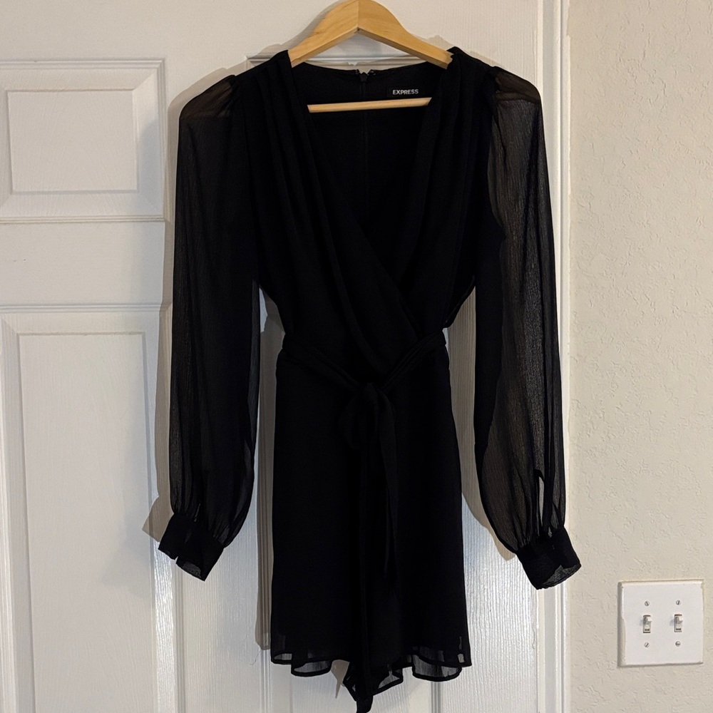 Express Black Long-Sleeve Sheer-Sleeve Wrap Dress